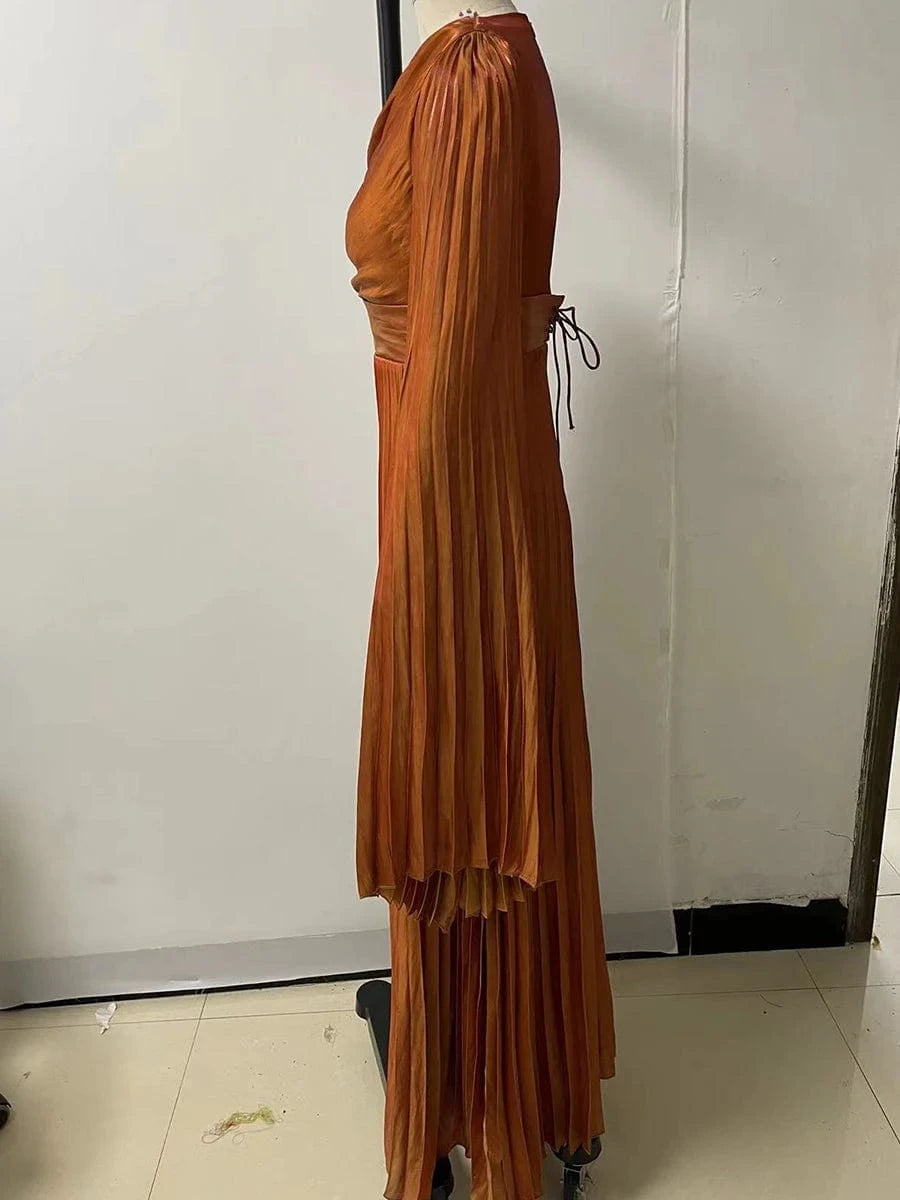 New Women's Solid Color Belted O-Neck Long Sleeve Fairy Elegant Pleated Flowy Ankle-Length Dress Luxurious Evening Party Dress