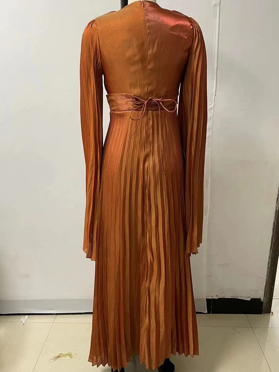New Women's Solid Color Belted O-Neck Long Sleeve Fairy Elegant Pleated Flowy Ankle-Length Dress Luxurious Evening Party Dress