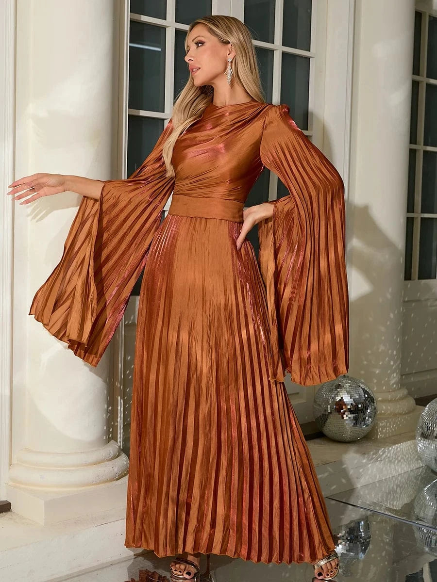 New Women's Solid Color Belted O-Neck Long Sleeve Fairy Elegant Pleated Flowy Ankle-Length Dress Luxurious Evening Party Dress