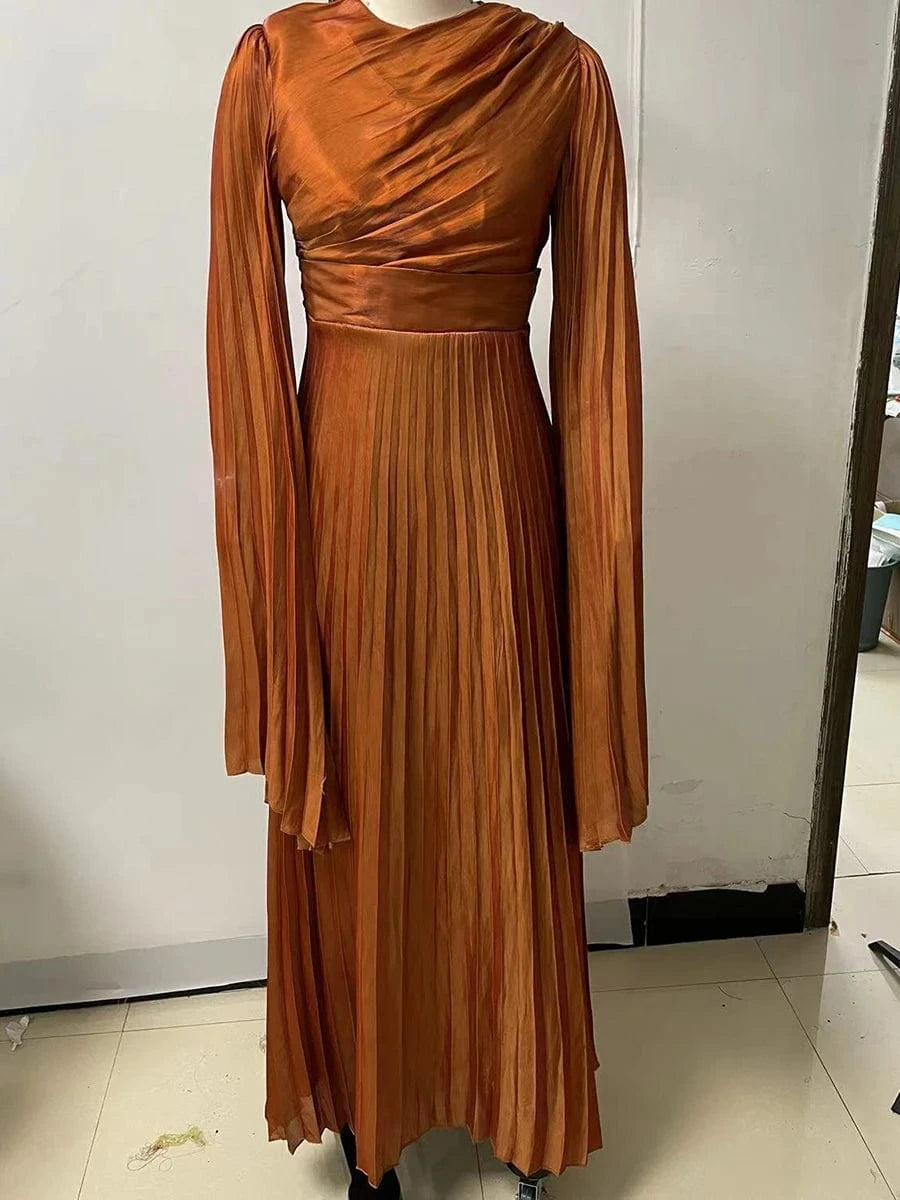 New Women's Solid Color Belted O-Neck Long Sleeve Fairy Elegant Pleated Flowy Ankle-Length Dress Luxurious Evening Party Dress