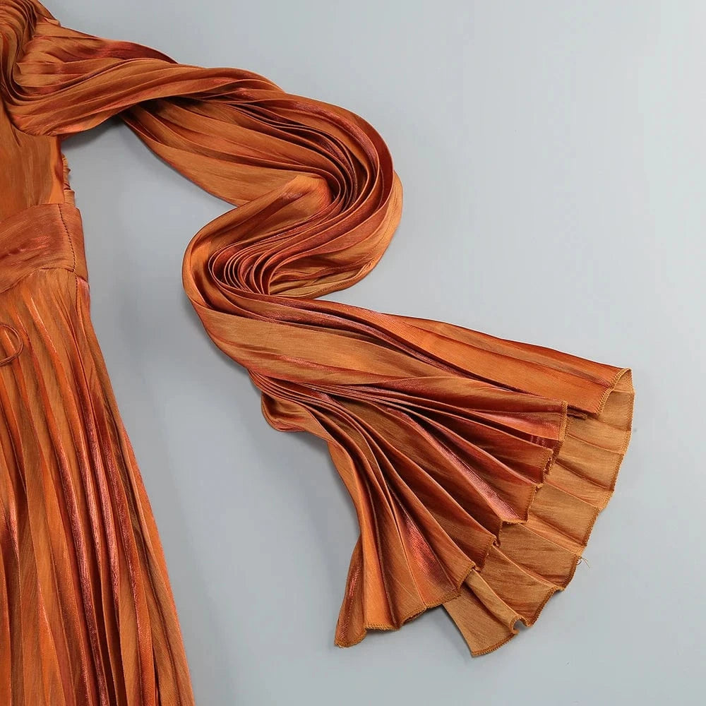 New Women's Solid Color Belted O-Neck Long Sleeve Fairy Elegant Pleated Flowy Ankle-Length Dress Luxurious Evening Party Dress