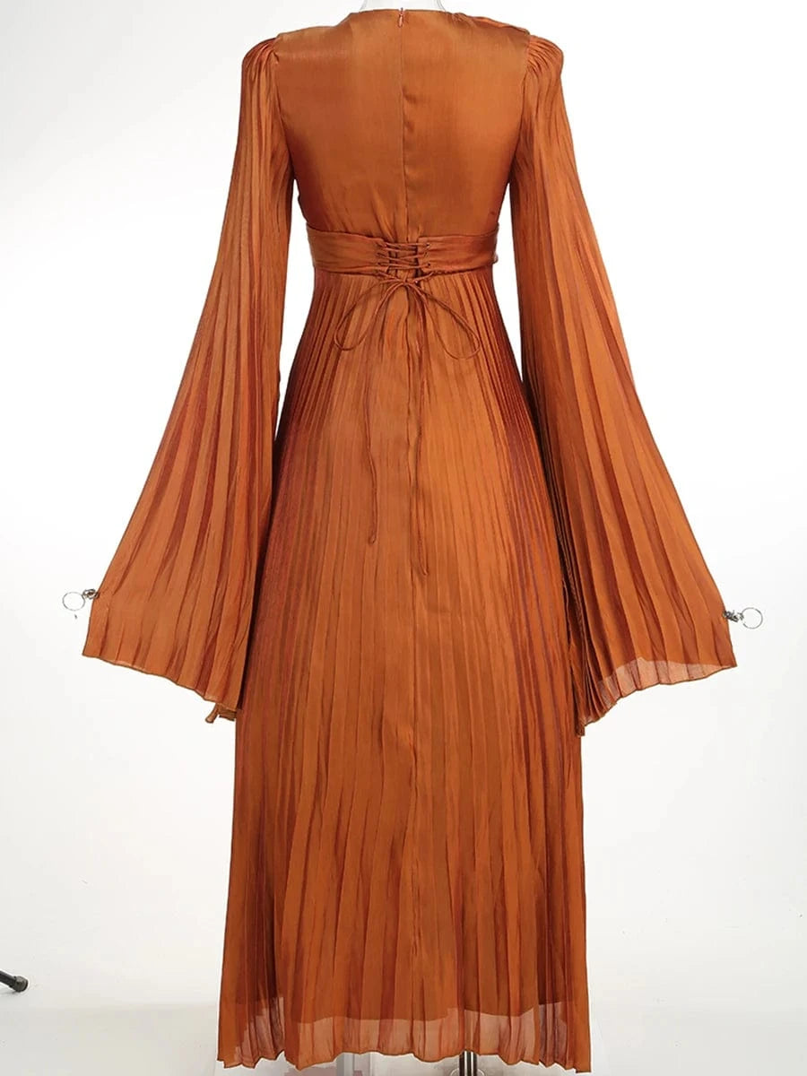 New Women's Solid Color Belted O-Neck Long Sleeve Fairy Elegant Pleated Flowy Ankle-Length Dress Luxurious Evening Party Dress