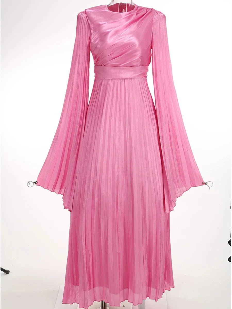 New Women's Solid Color Belted O-Neck Long Sleeve Fairy Elegant Pleated Flowy Ankle-Length Dress Luxurious Evening Party Dress