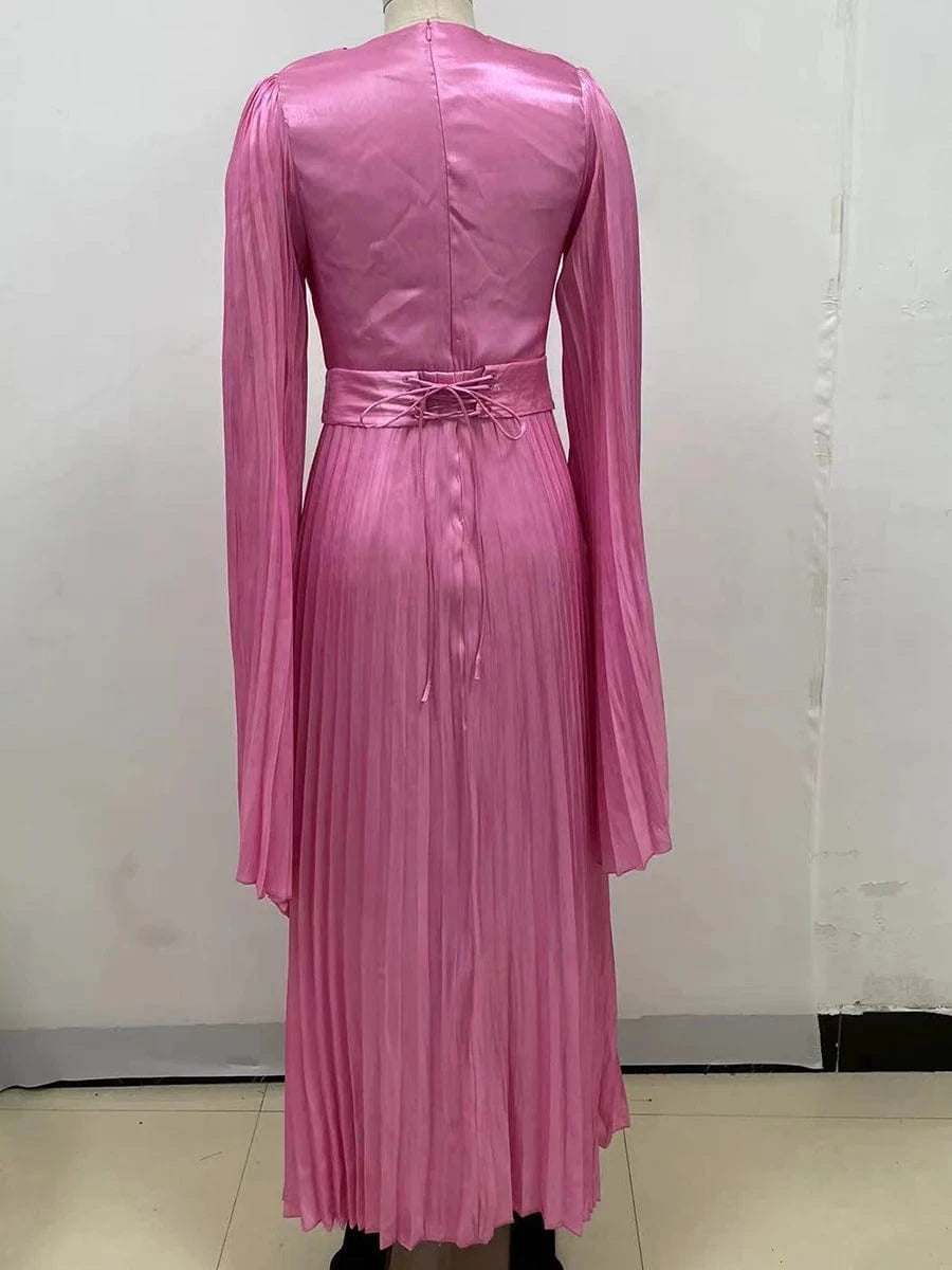 New Women's Solid Color Belted O-Neck Long Sleeve Fairy Elegant Pleated Flowy Ankle-Length Dress Luxurious Evening Party Dress