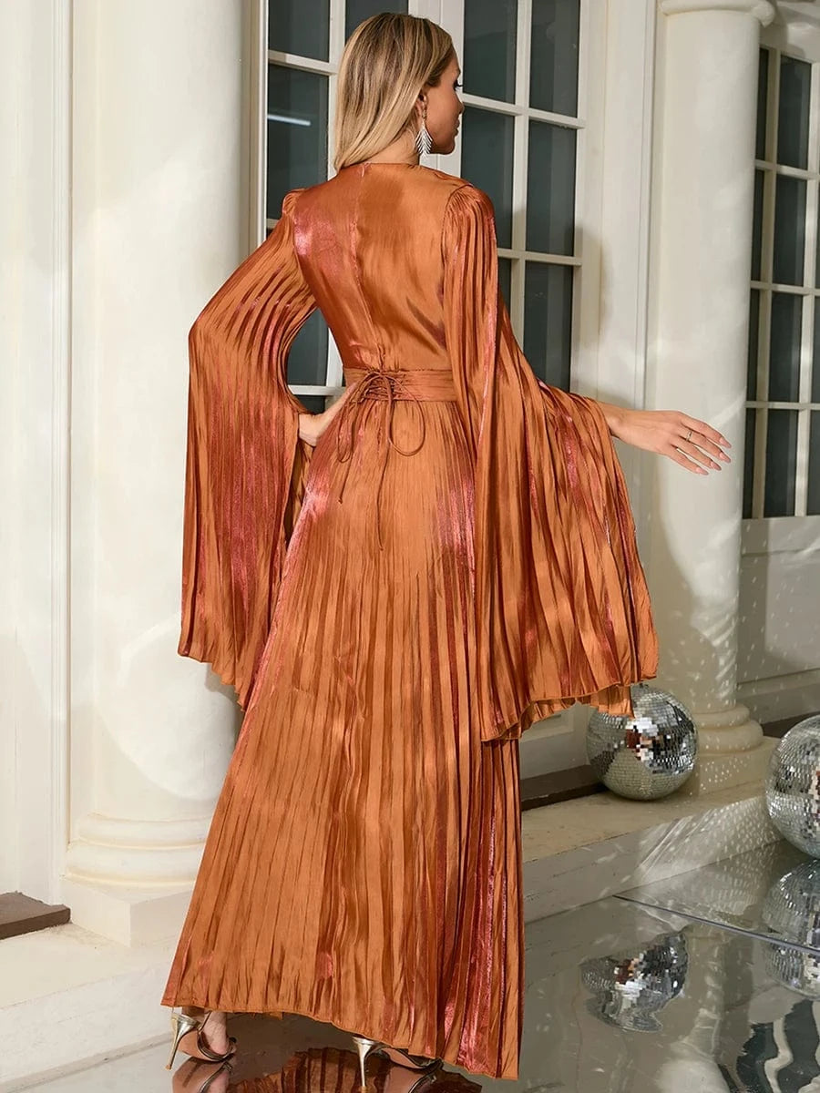 New Women's Solid Color Belted O-Neck Long Sleeve Fairy Elegant Pleated Flowy Ankle-Length Dress Luxurious Evening Party Dress
