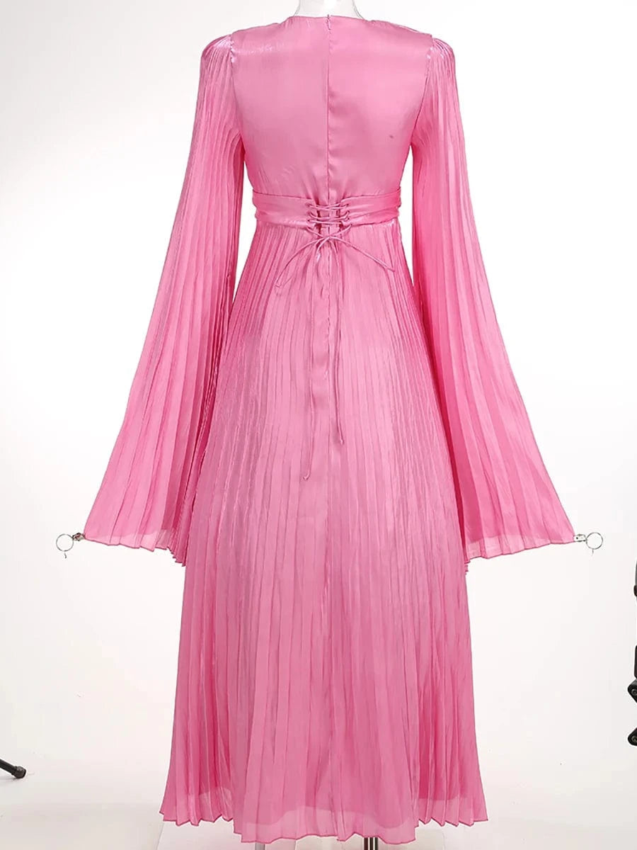 New Women's Solid Color Belted O-Neck Long Sleeve Fairy Elegant Pleated Flowy Ankle-Length Dress Luxurious Evening Party Dress