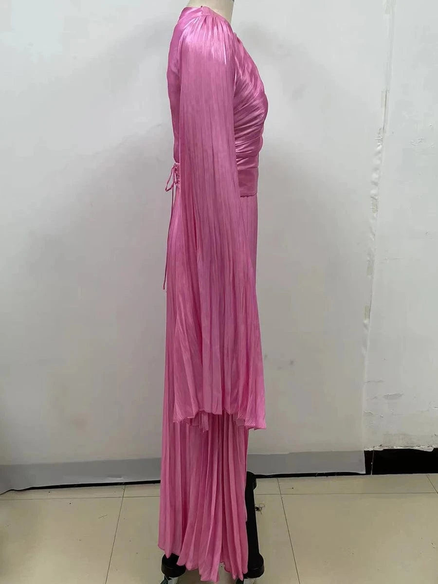 New Women's Solid Color Belted O-Neck Long Sleeve Fairy Elegant Pleated Flowy Ankle-Length Dress Luxurious Evening Party Dress