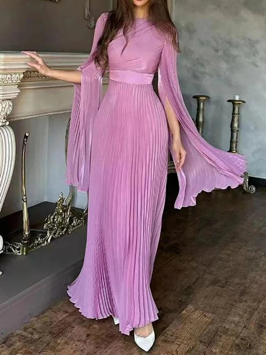 New Women's Solid Color Belted O-Neck Long Sleeve Fairy Elegant Pleated Flowy Ankle-Length Dress Luxurious Evening Party Dress