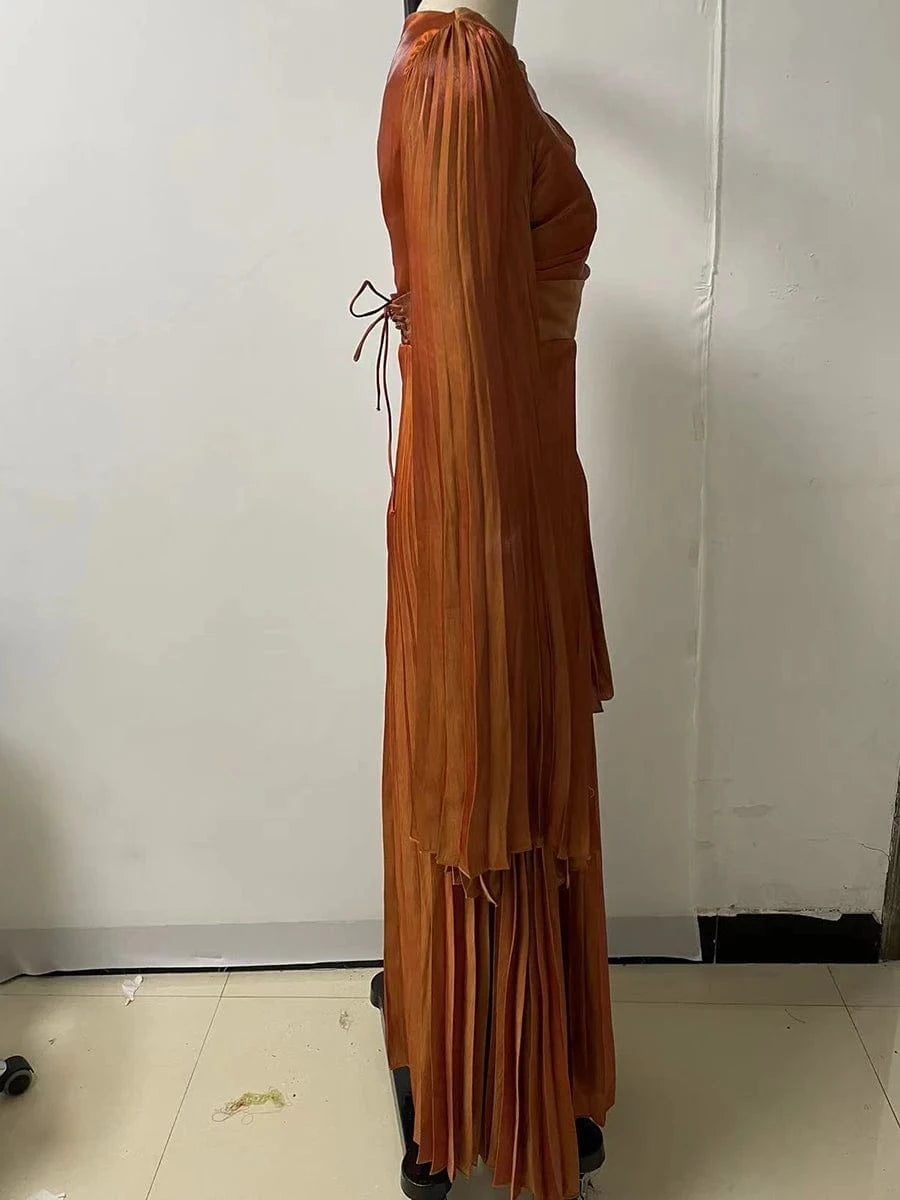 New Women's Solid Color Belted O-Neck Long Sleeve Fairy Elegant Pleated Flowy Ankle-Length Dress Luxurious Evening Party Dress