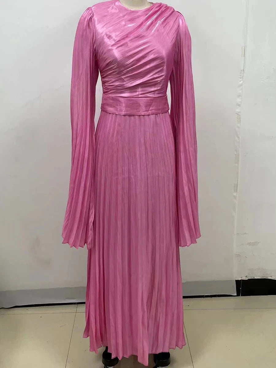 New Women's Solid Color Belted O-Neck Long Sleeve Fairy Elegant Pleated Flowy Ankle-Length Dress Luxurious Evening Party Dress