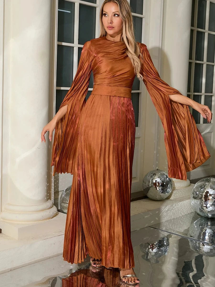 New Women's Solid Color Belted O-Neck Long Sleeve Fairy Elegant Pleated Flowy Ankle-Length Dress Luxurious Evening Party Dress