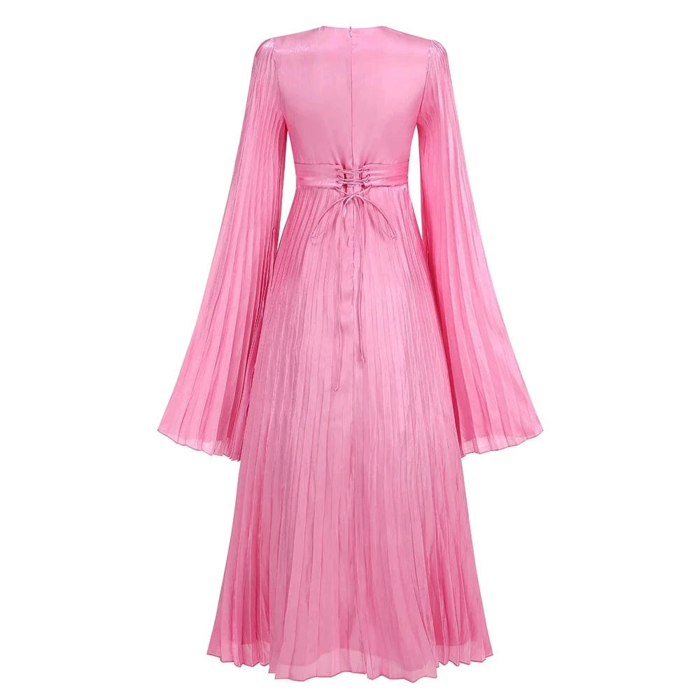 New Women's Solid Color Belted O-Neck Long Sleeve Fairy Elegant Pleated Flowy Ankle-Length Dress Luxurious Evening Party Dress