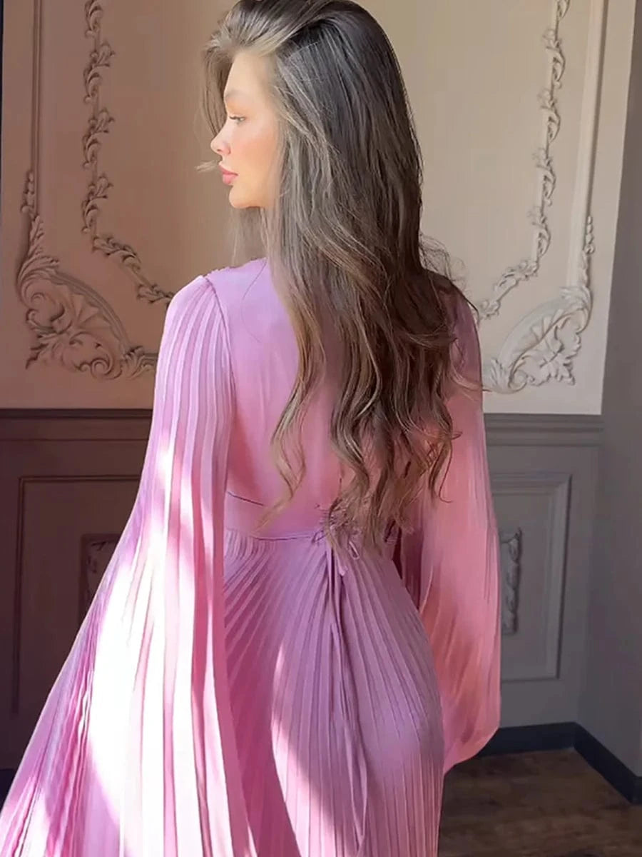 New Women's Solid Color Belted O-Neck Long Sleeve Fairy Elegant Pleated Flowy Ankle-Length Dress Luxurious Evening Party Dress