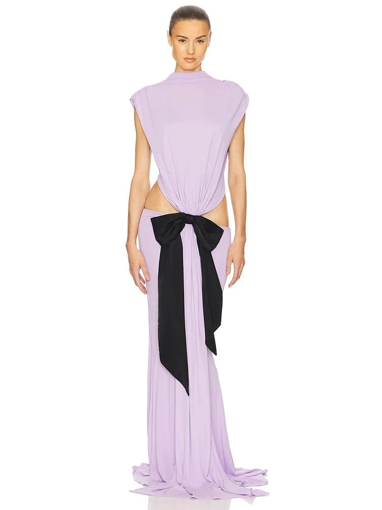 New Women's Solid Color Belted O-Neck Long Sleeve Fairy Elegant Pleated Flowy Ankle-Length Dress Luxurious Evening Party Dress