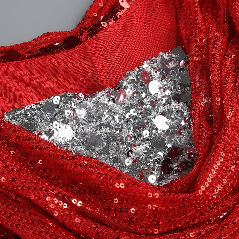 New Women's Splicing Sequins Red Swing Collar Halter Sleeveless Dress Sexy Luxury Shiny Floor-Length Dress Fashion Banquet