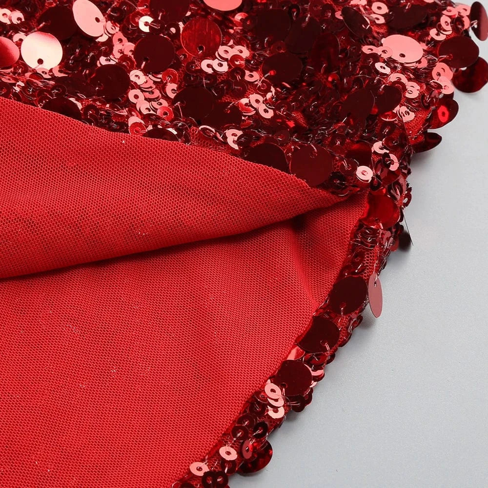 New Women's Splicing Sequins Red Swing Collar Halter Sleeveless Dress Sexy Luxury Shiny Floor-Length Dress Fashion Banquet