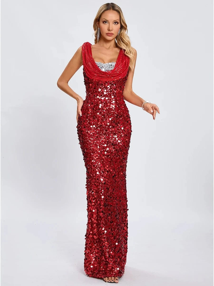 New Women's Splicing Sequins Red Swing Collar Halter Sleeveless Dress Sexy Luxury Shiny Floor-Length Dress Fashion Banquet
