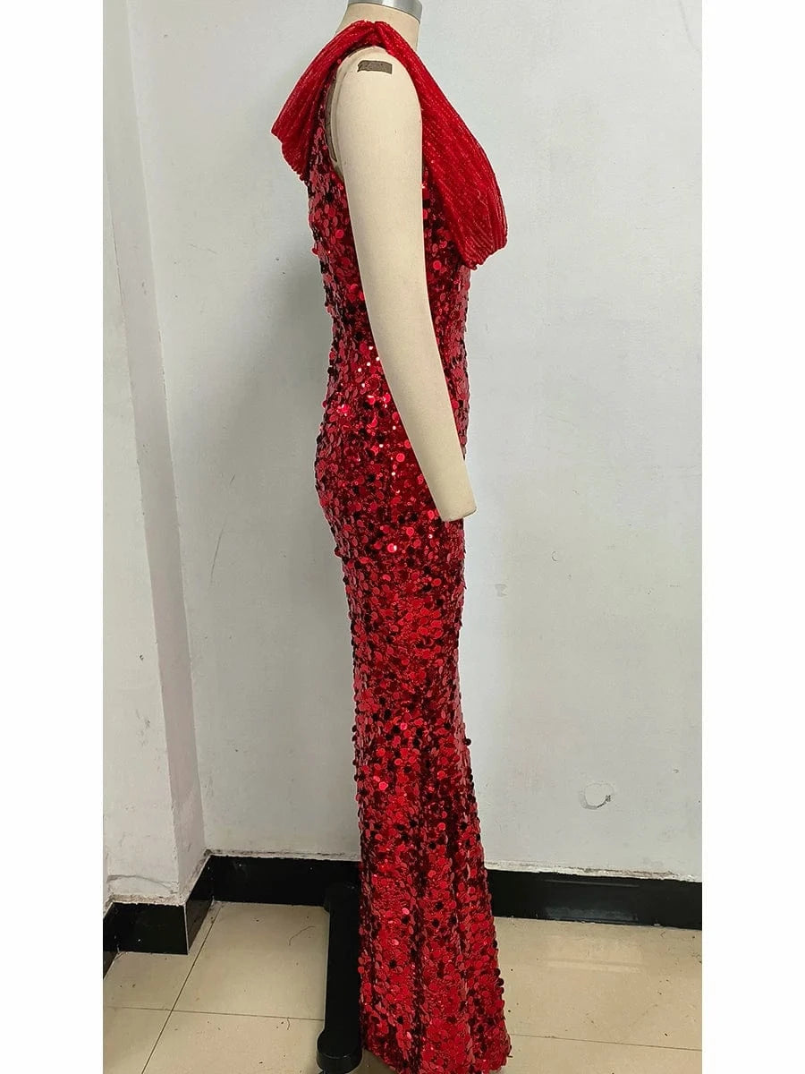 New Women's Splicing Sequins Red Swing Collar Halter Sleeveless Dress Sexy Luxury Shiny Floor-Length Dress Fashion Banquet