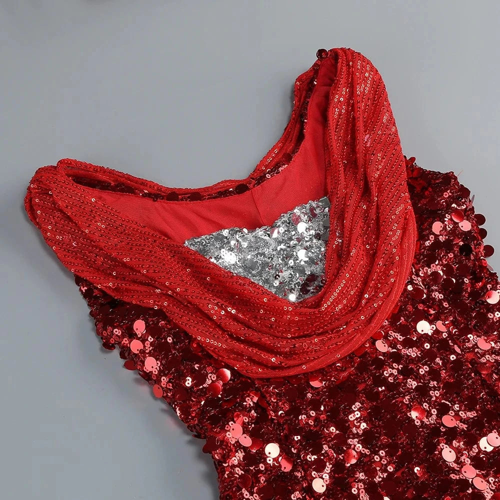 New Women's Splicing Sequins Red Swing Collar Halter Sleeveless Dress Sexy Luxury Shiny Floor-Length Dress Fashion Banquet