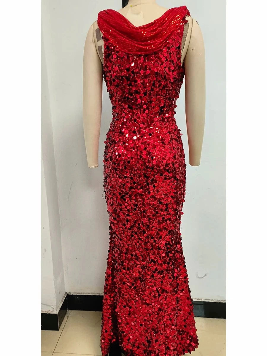 New Women's Splicing Sequins Red Swing Collar Halter Sleeveless Dress Sexy Luxury Shiny Floor-Length Dress Fashion Banquet