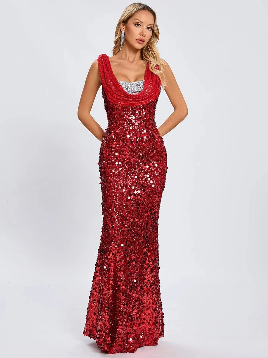New Women's Splicing Sequins Red Swing Collar Halter Sleeveless Dress Sexy Luxury Shiny Floor-Length Dress Fashion Banquet