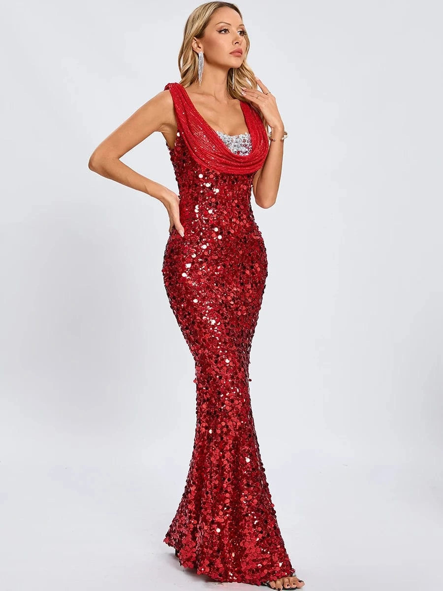 New Women's Splicing Sequins Red Swing Collar Halter Sleeveless Dress Sexy Luxury Shiny Floor-Length Dress Fashion Banquet