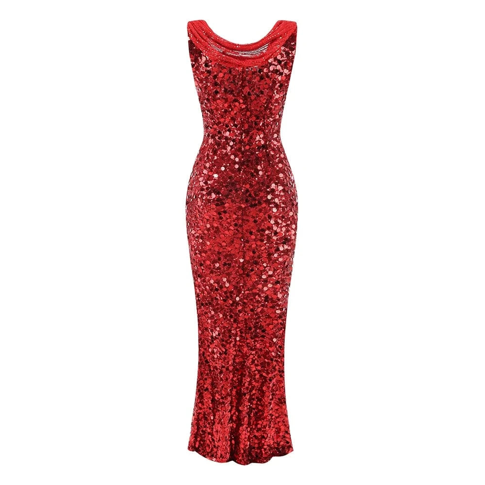 New Women's Splicing Sequins Red Swing Collar Halter Sleeveless Dress Sexy Luxury Shiny Floor-Length Dress Fashion Banquet