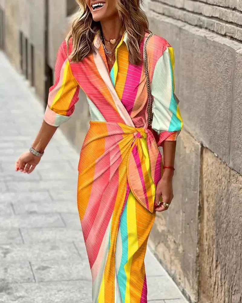 New Women's Spring Summer Printed Long Sleeve Lapel Casual Shirt Dress Ladies Single-breasted Cardigan Irregular Dress