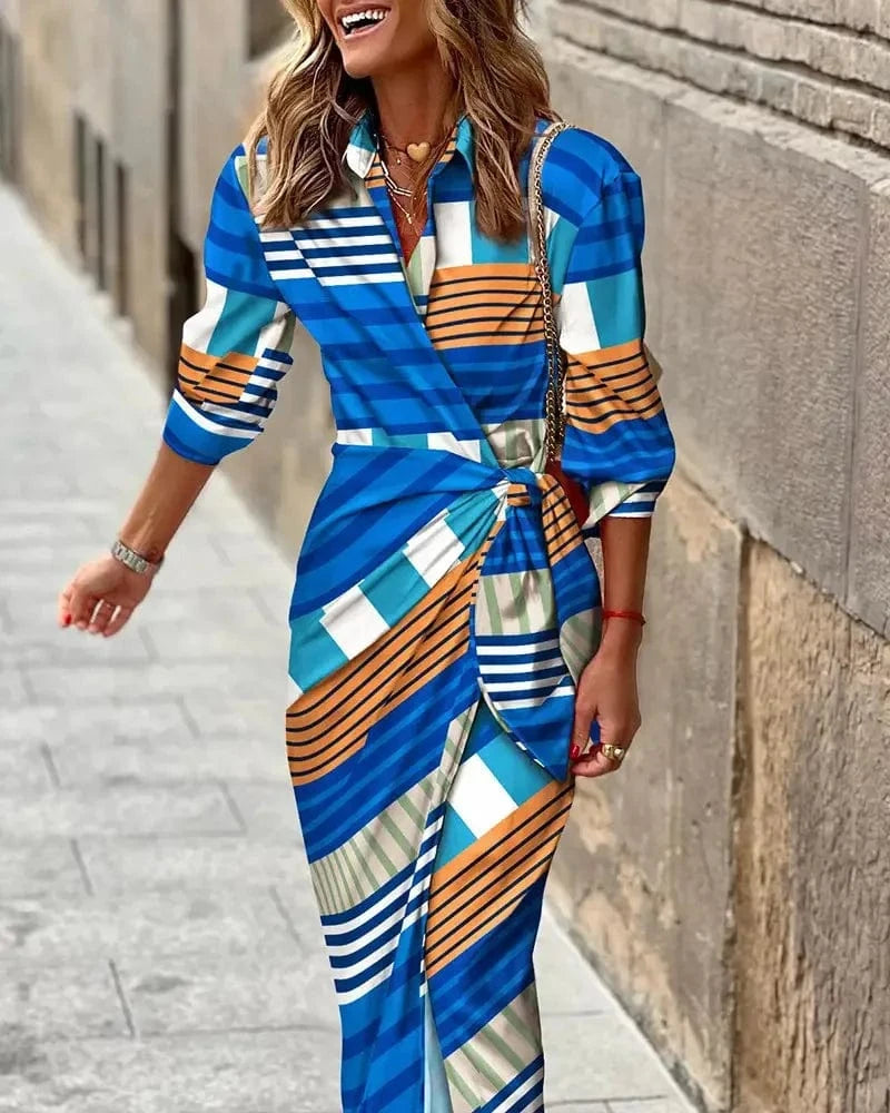 New Women's Spring Summer Printed Long Sleeve Lapel Casual Shirt Dress Ladies Single-breasted Cardigan Irregular Dress