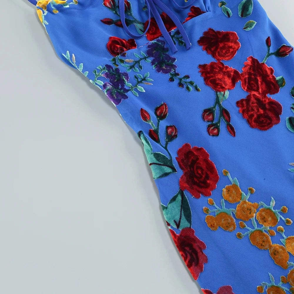 New Women's Velvet Print Hottie Hollow Out Backless Look Slimmer Halter Dress With Big Swing Slit Slim Calf Length Dress