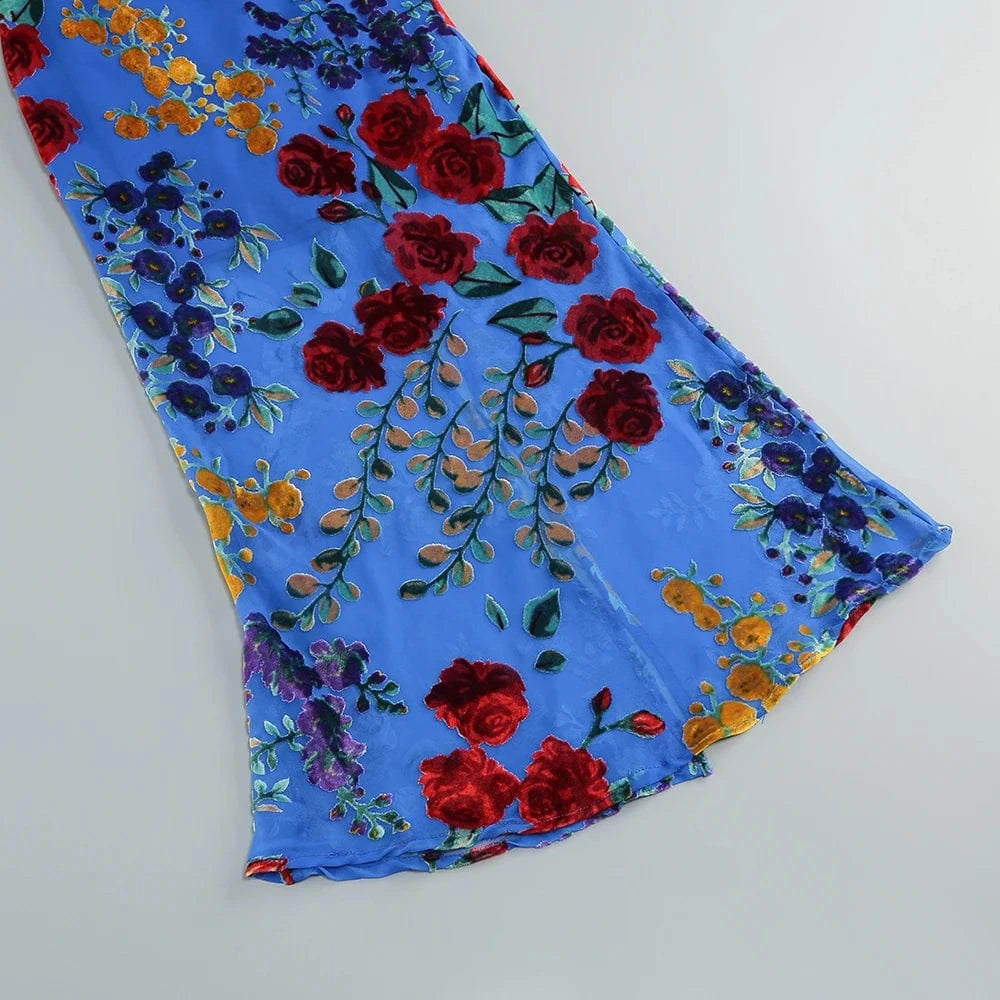 New Women's Velvet Print Hottie Hollow Out Backless Look Slimmer Halter Dress With Big Swing Slit Slim Calf Length Dress