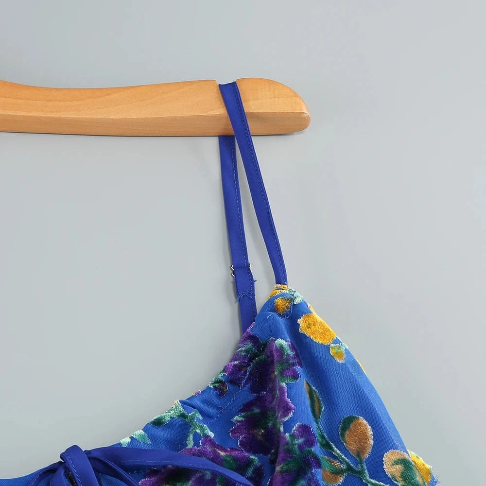 New Women's Velvet Print Hottie Hollow Out Backless Look Slimmer Halter Dress With Big Swing Slit Slim Calf Length Dress