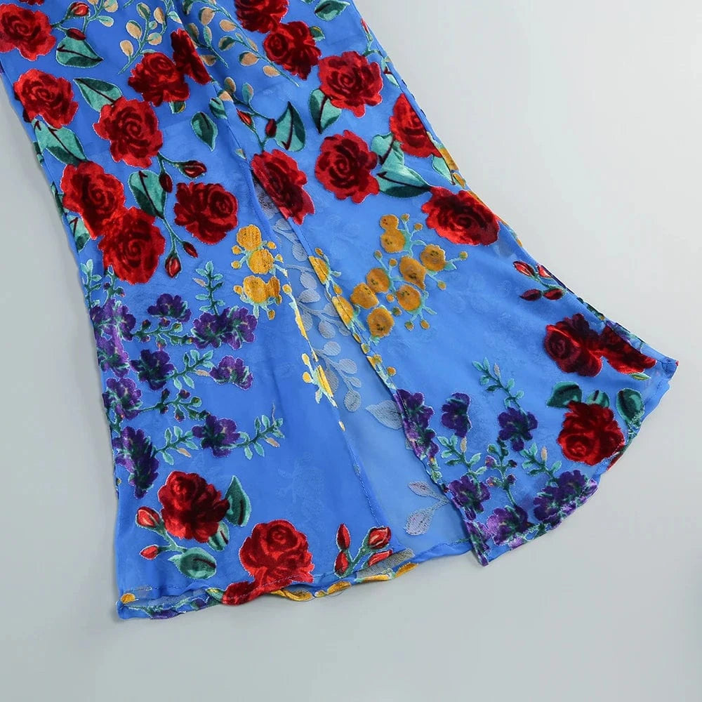 New Women's Velvet Print Hottie Hollow Out Backless Look Slimmer Halter Dress With Big Swing Slit Slim Calf Length Dress