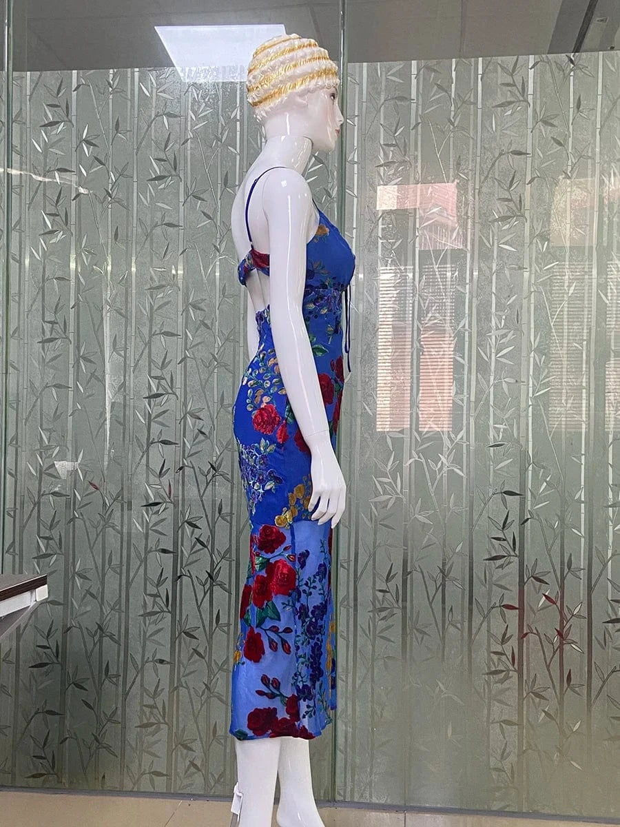 New Women's Velvet Print Hottie Hollow Out Backless Look Slimmer Halter Dress With Big Swing Slit Slim Calf Length Dress