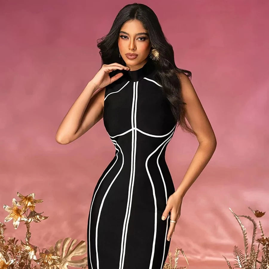 New Women Sexy Crew-Neck Sleeveless Dress Niche Style Black And White Temperament Dress Elegant Fashion Party Evening Dress