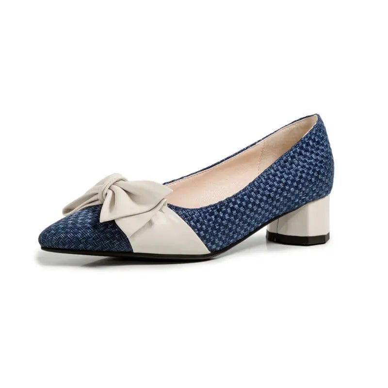 New Women Shallow Weaved Block Heels Pointed-toe Bowknot Female Sandals Size 32-48