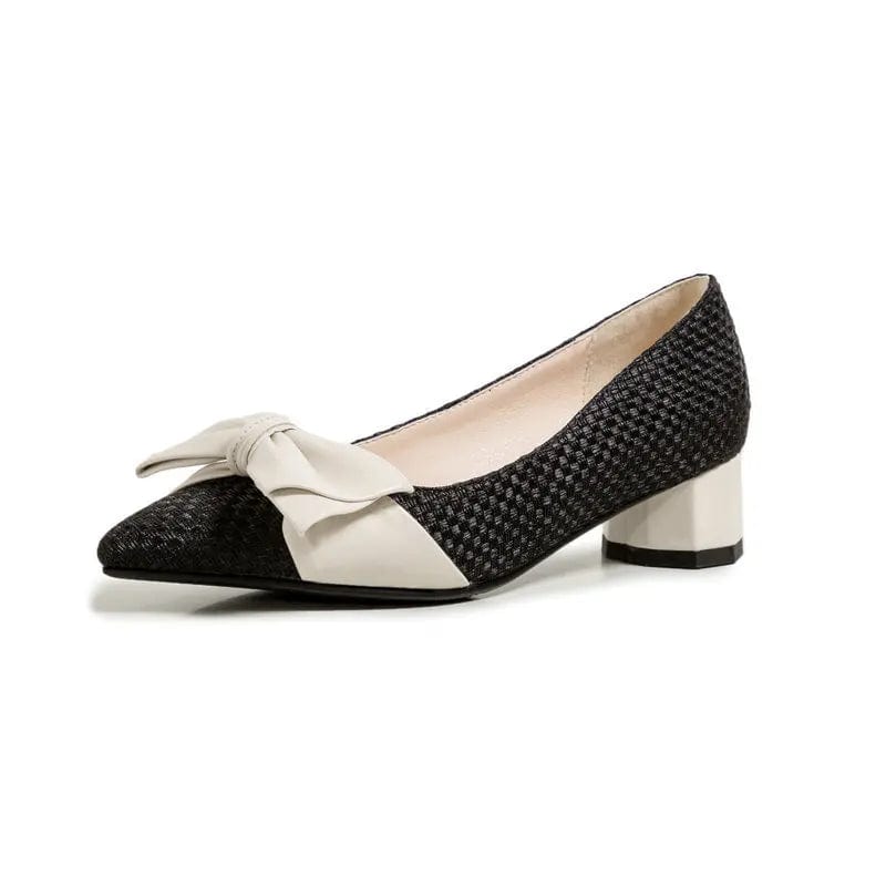 New Women Shallow Weaved Block Heels Pointed-toe Bowknot Female Sandals Size 32-48