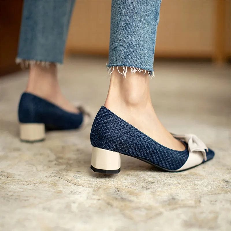 New Women Shallow Weaved Block Heels Pointed-toe Bowknot Female Sandals Size 32-48