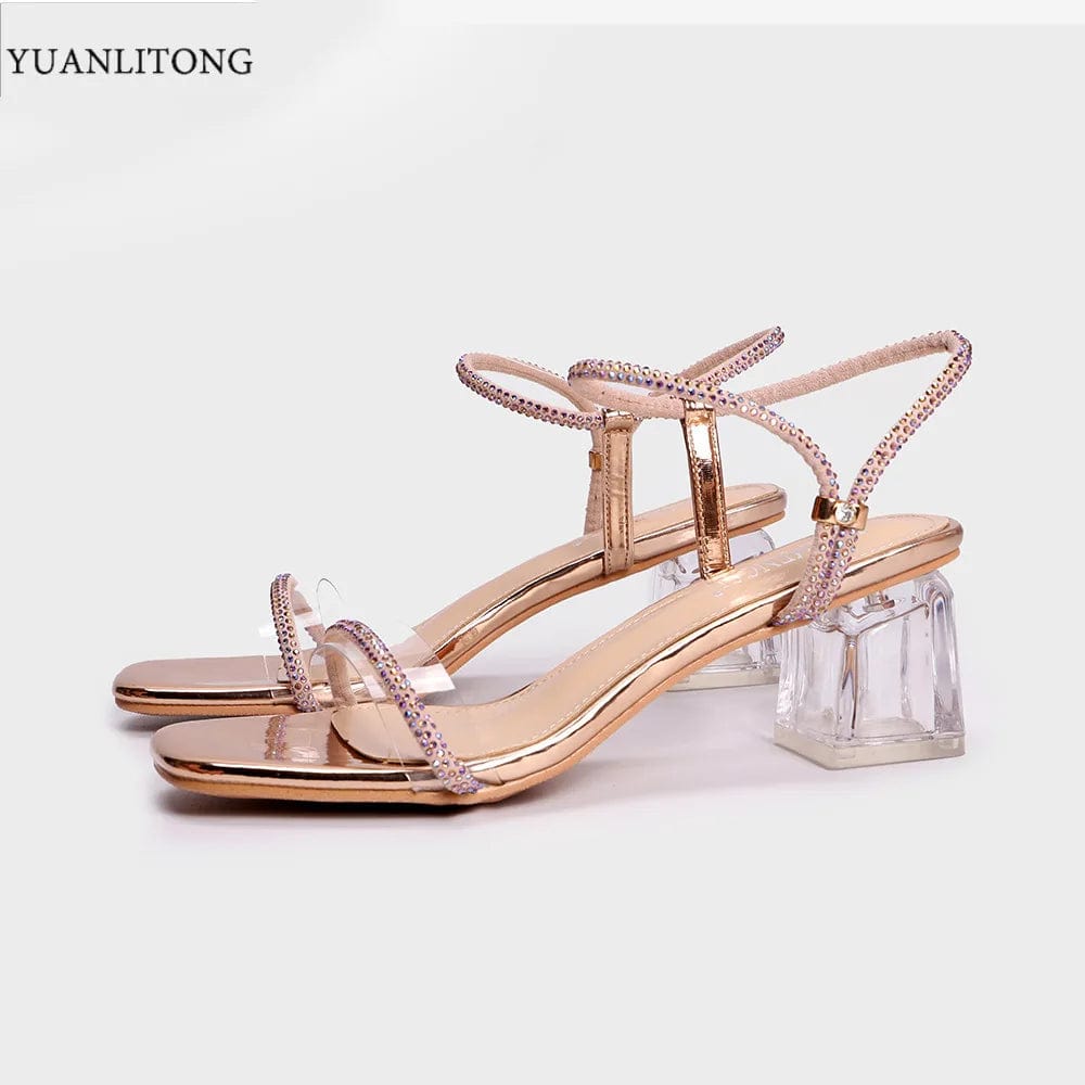 New Women Shoes 2023 Sexy Rhinestone Round Toe Mujer Sandals T-strap Transparent Crysal Chunky Heels Sandals Ladies Dating Shoes