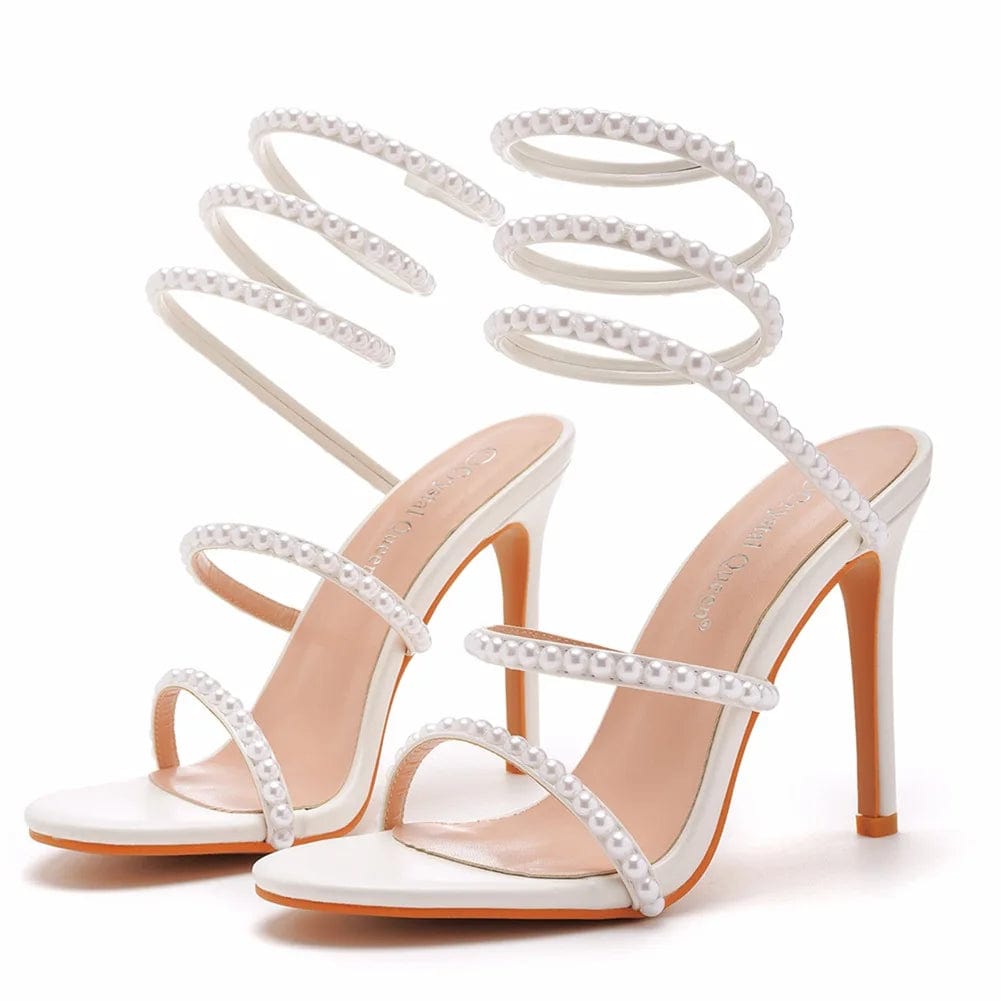 New Women Shoes Breathable Pearls Decor Round-toe Shoes Lace Up Large Size High Heel Sandals Ladies Wedding Dress Bridal Sandals