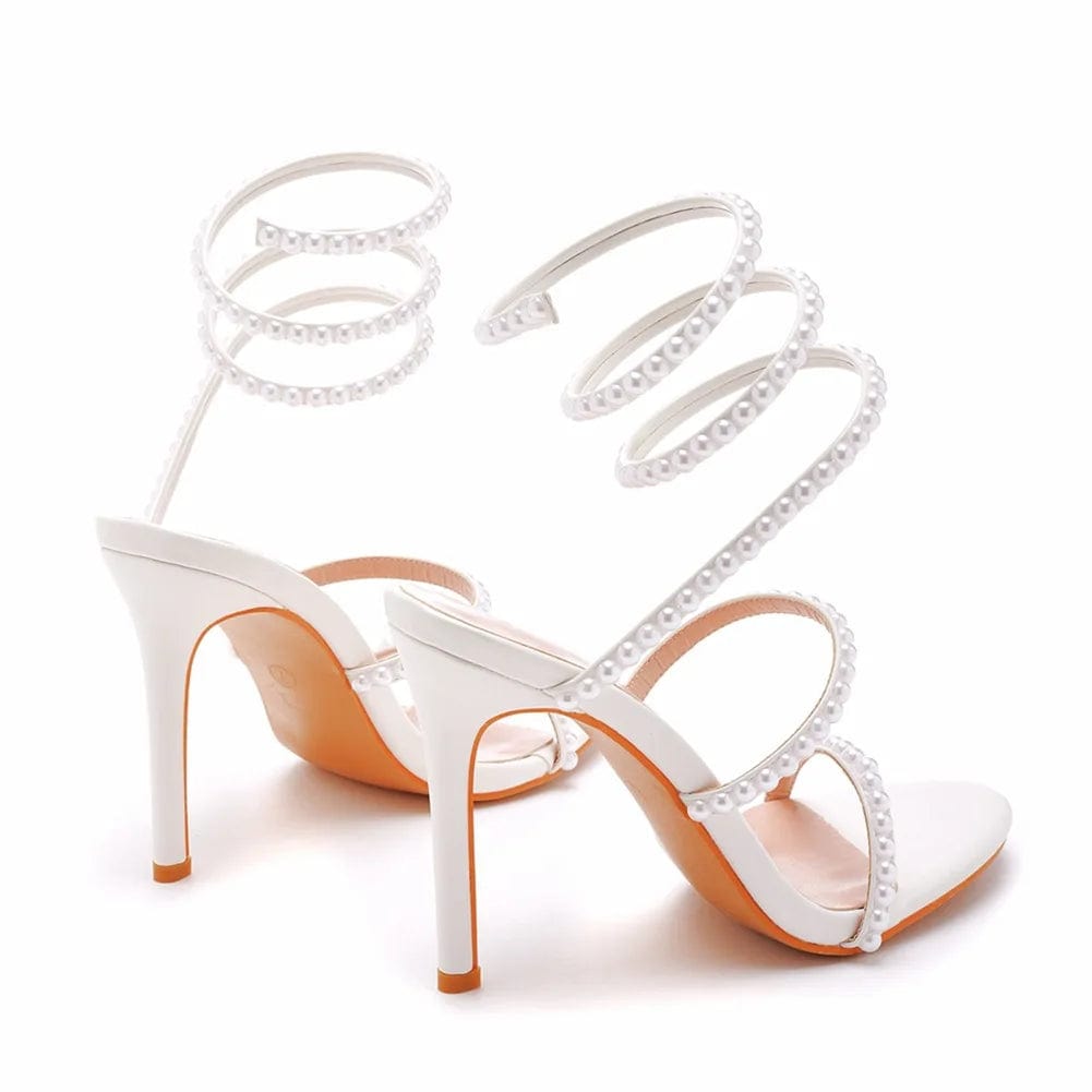 New Women Shoes Breathable Pearls Decor Round-toe Shoes Lace Up Large Size High Heel Sandals Ladies Wedding Dress Bridal Sandals