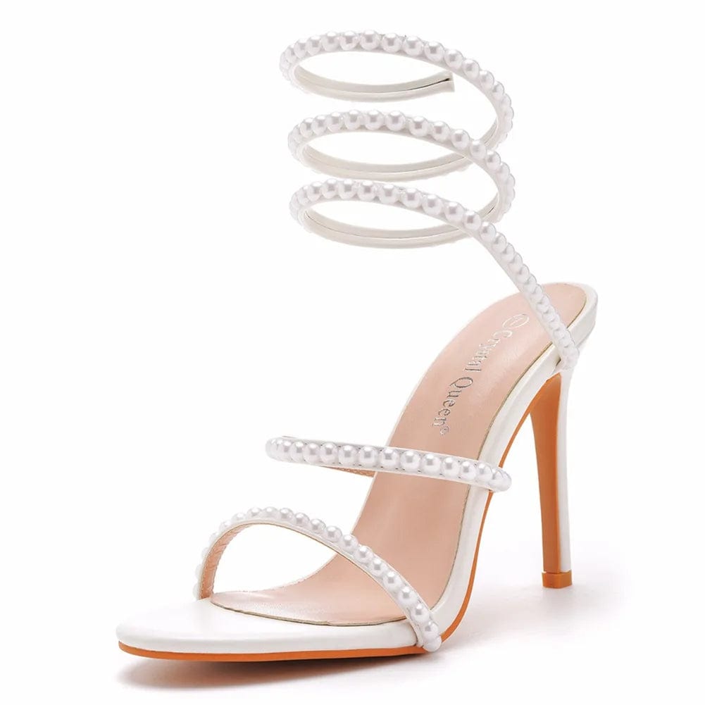 New Women Shoes Breathable Pearls Decor Round-toe Shoes Lace Up Large Size High Heel Sandals Ladies Wedding Dress Bridal Sandals