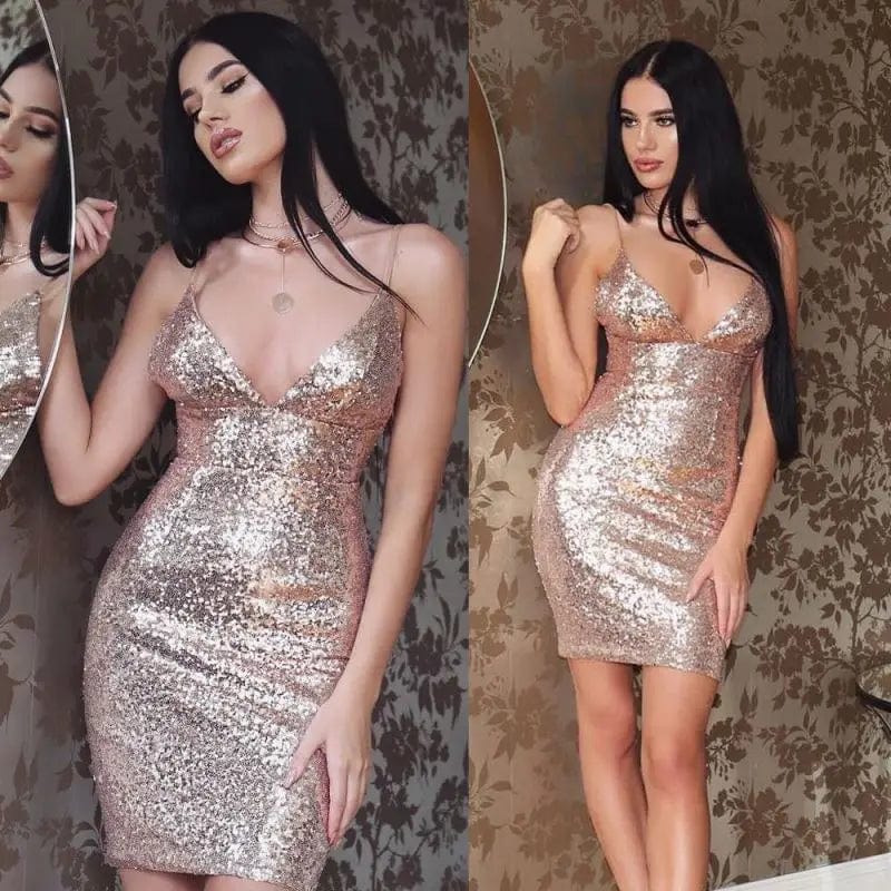 New women spring sexy sequin V-neck solid color sleeveless slip dress ladies mini pencil party evening nightclub short dress