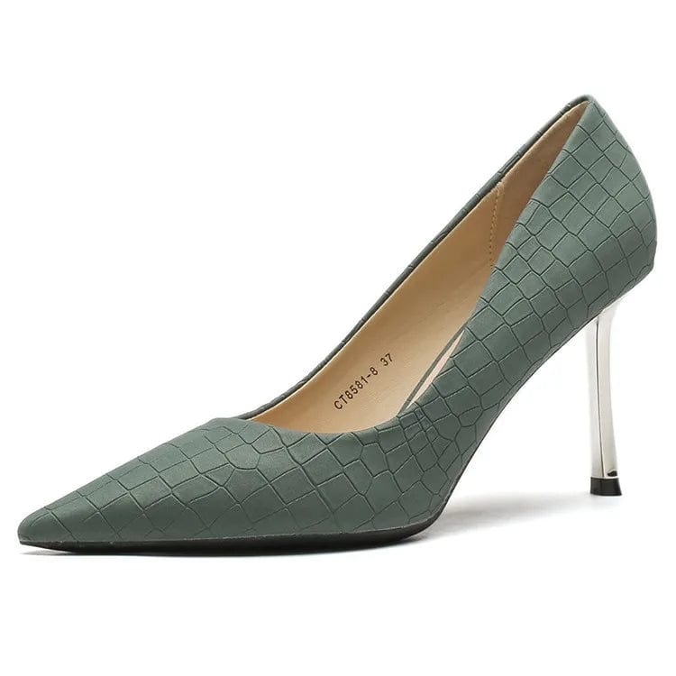 New Women Stilettos Retro Synthetic Leather Crocodile Print Shoes Solid Color Pointed-toe High Heeled Pumps Ladies Banquet Shoes