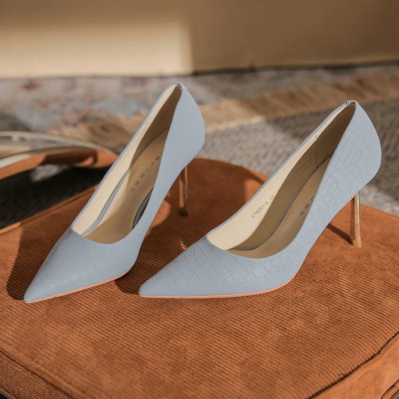 New Women Stilettos Retro Synthetic Leather Crocodile Print Shoes Solid Color Pointed-toe High Heeled Pumps Ladies Banquet Shoes