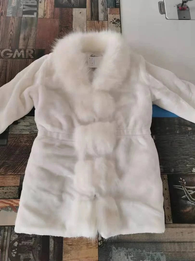 New Year Rabbit Fur Coat Casual Plus Size Winter Outerwear Sheep Fur Collar Windproof Cozy Leather Long Sleeves Wool Lining