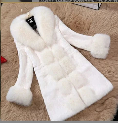 New Year Rabbit Fur Coat Casual Plus Size Winter Outerwear Sheep Fur Collar Windproof Cozy Leather Long Sleeves Wool Lining