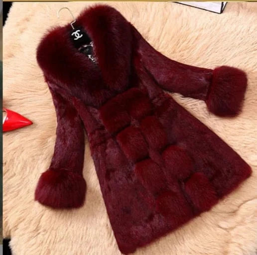 New Year Rabbit Fur Coat Casual Plus Size Winter Outerwear Sheep Fur Collar Windproof Cozy Leather Long Sleeves Wool Lining