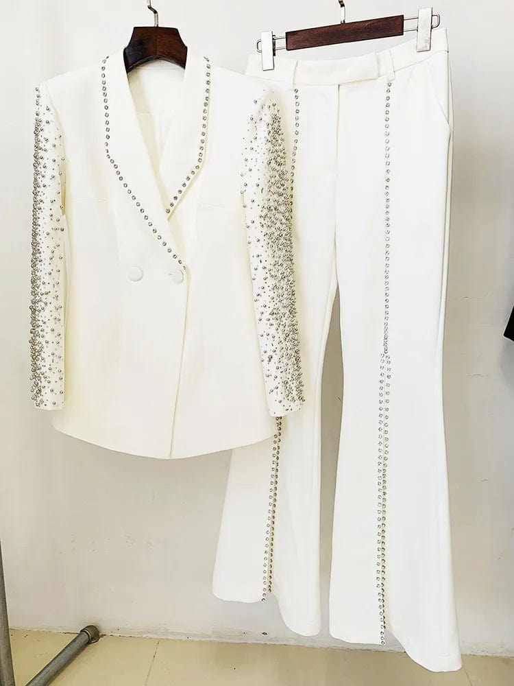 Newest Lady Stylish Rhinestone Lines Office Wear Fine Workmanship Beads Hot Drilling Blazer Flared Pants 2 Pieces Sets Women