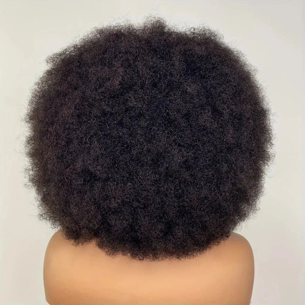 Newmi Hair Fluffy Kinky Curly Human Hair Wig With Thick Bangs 180% Density Glueless Brazilian Virgin None Lace Wig Natural Color